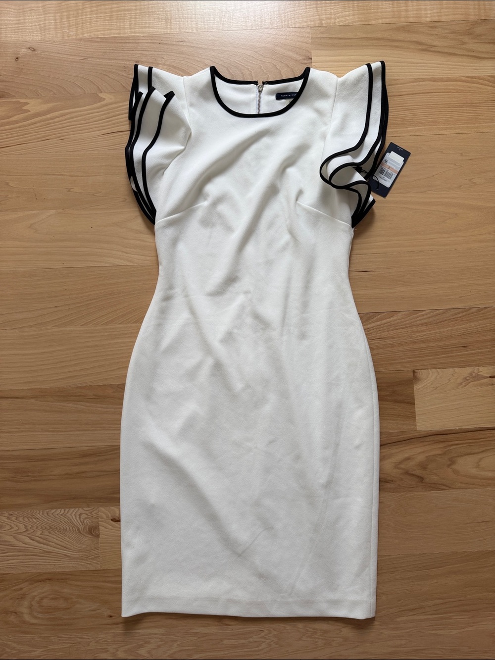 Women’s White Midi Dress with Black Trim and Ruffle Sleeves